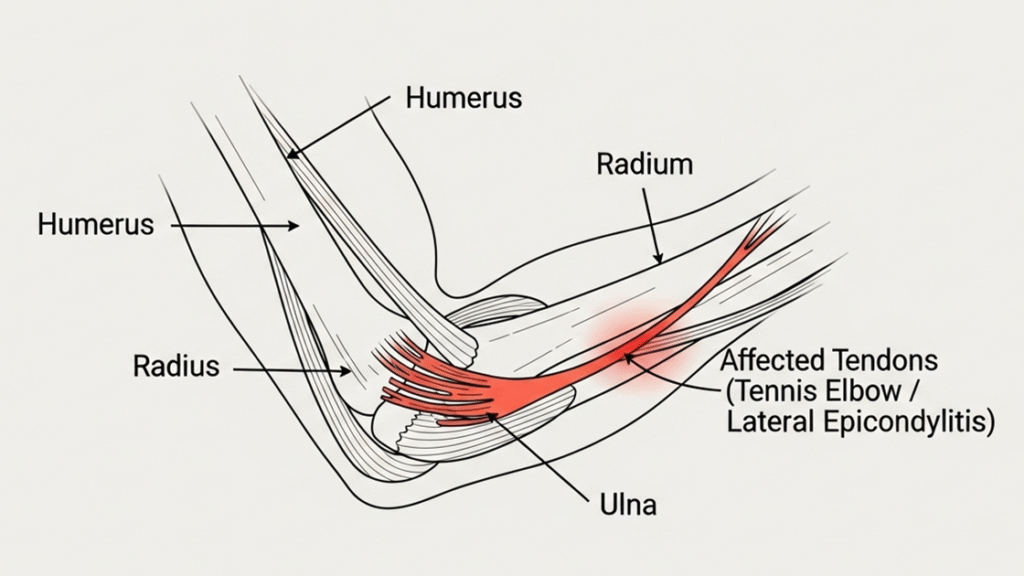 Medical illustration showing the anatomy of the elbow, highlighting tendons affected by tennis elbow (lateral epicondylitis)